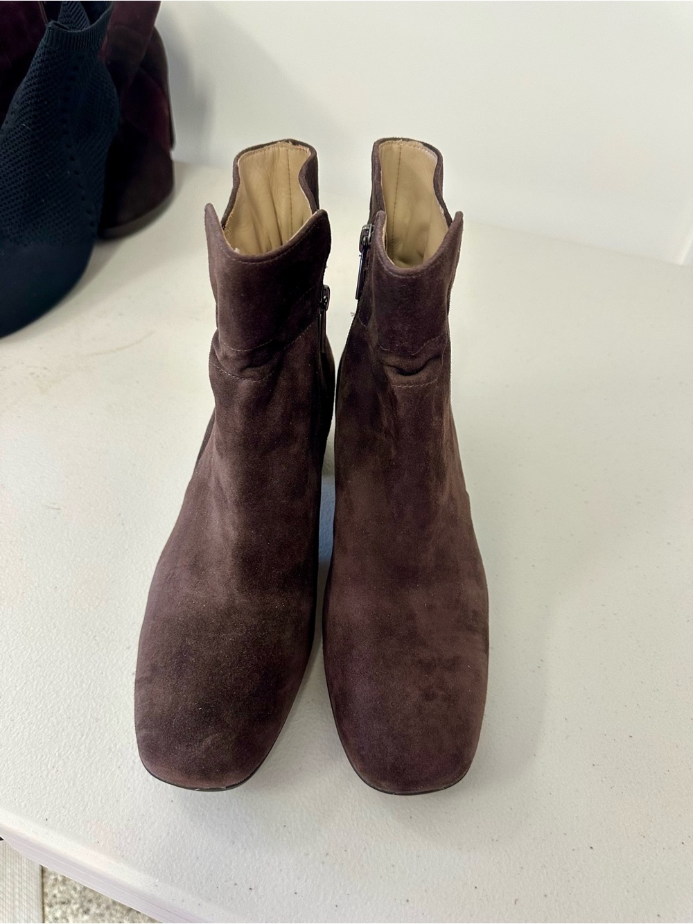 Abeo Dark Brown Suede Ankle Booties with Side Zip - Picture 2 of 6